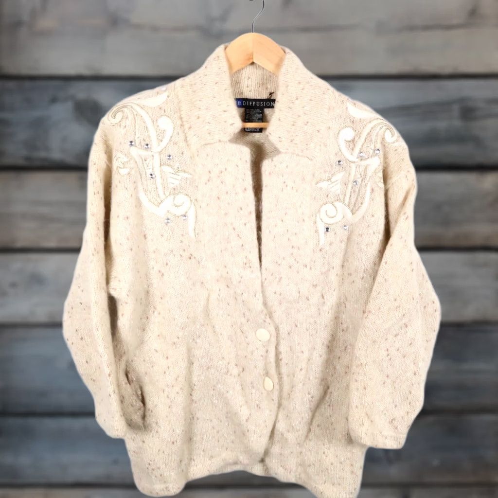Vintage VINTAGE IB Diffusion Cardigan Sweater Women's Large Beige Beaded Wool Mohair Blend Heavyweight 90s Size L / US 10 / IT 46 - 1 Thumbnail