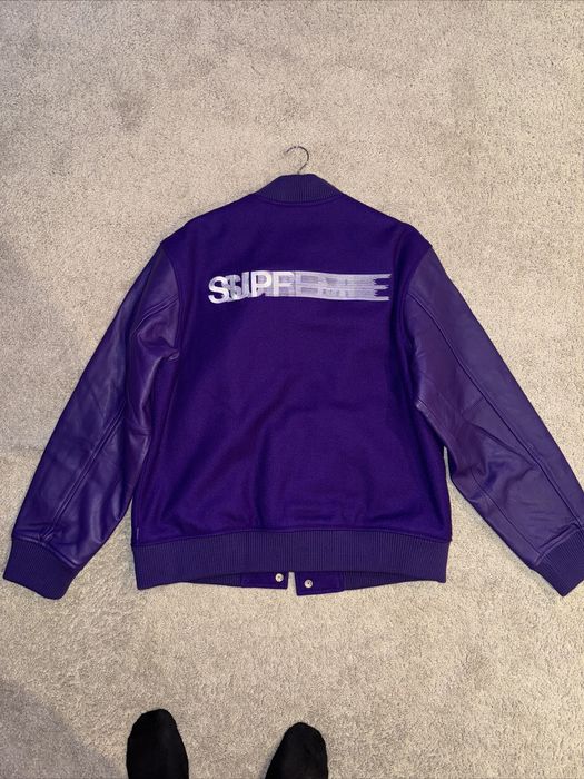 Supreme Supreme Varsity Jacket Motion Logo Purple L FW18 | Grailed