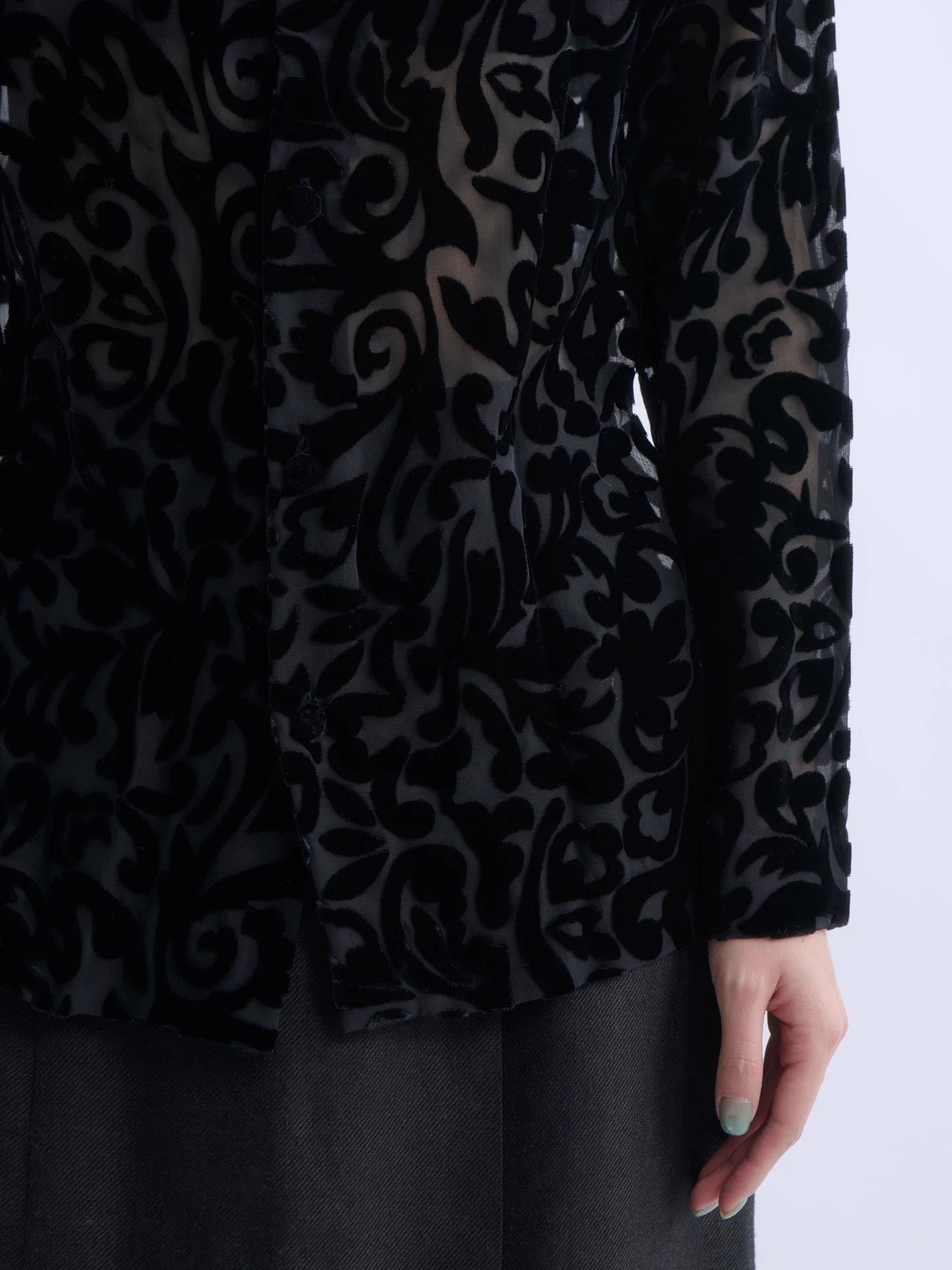 Romeo Gigli ROMEO GIGLI 90s Black Flocked Sheer Velvet High Neck Top NWT Size S / US 4 / IT 40 - 7 Thumbnail