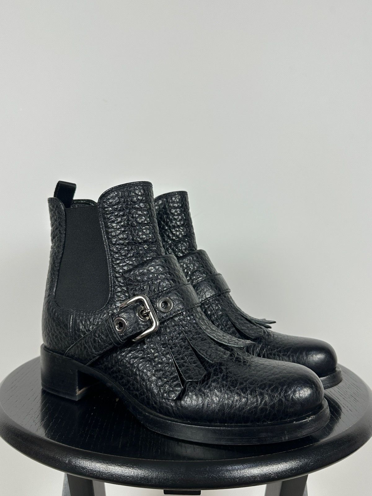 Prada Prada Black Leather Buckle Fringe Chelsea Ankle Boots Size US 6.5 / IT 36.5 - 12 Thumbnail