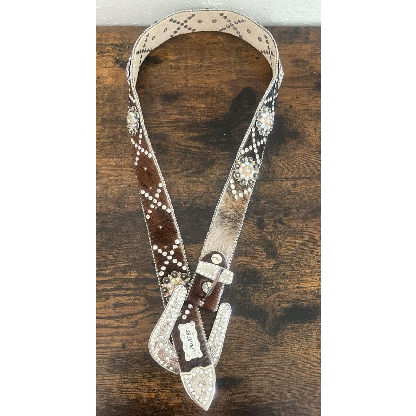Vintage BHW Bling Rhinestones Leather Hair On Western Cowgirl Belt S/M Women Belt White & Brown Hair On Leather Rhinestone Bling Accent Size ONE SIZE - 2 Thumbnail