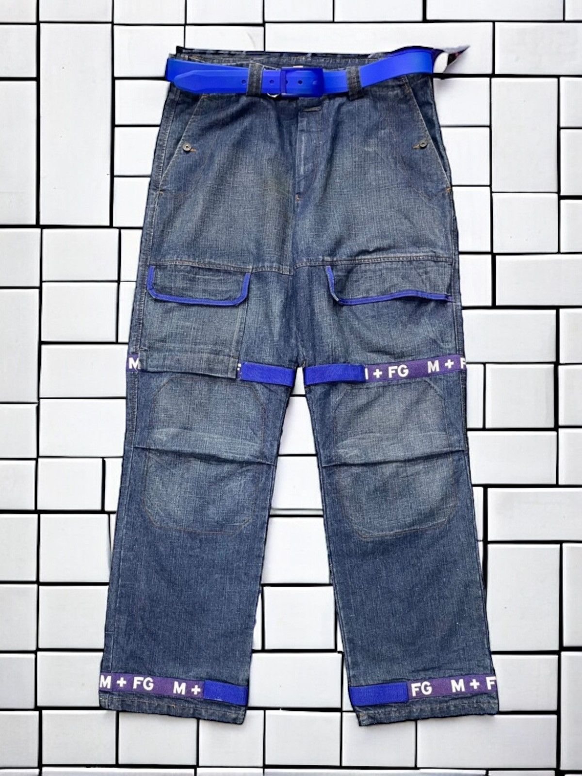 image of Archival Clothing x Marithe Francois Girbaud Bondage Denim Pants With Belt in Blue, Men's (Size 36)