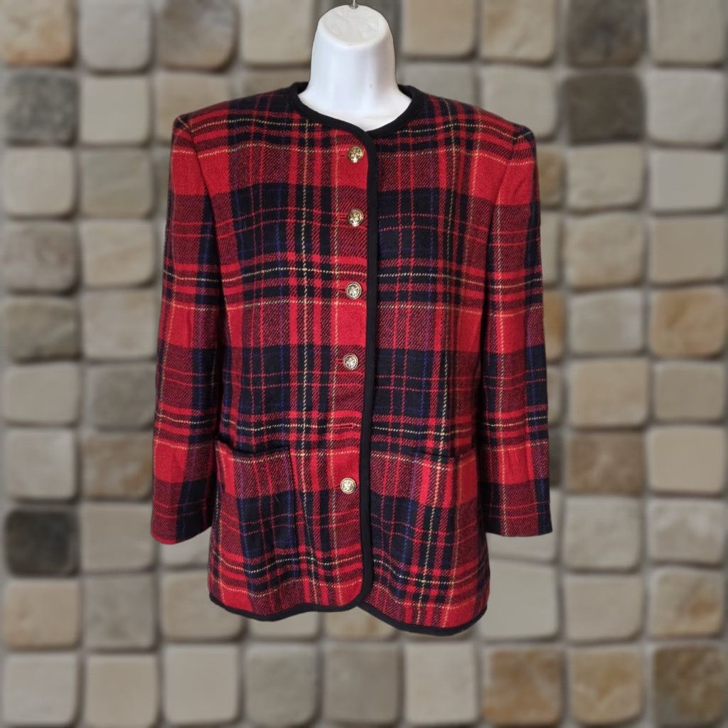 Liz Claiborne VINTAGE Liz Claiborne Blazer Jacket Wool Blend Red Plaid Five-Button Gold Button Classic 6 Womens Mens? Size M / US 6-8 / IT 42-44 - 1 Thumbnail