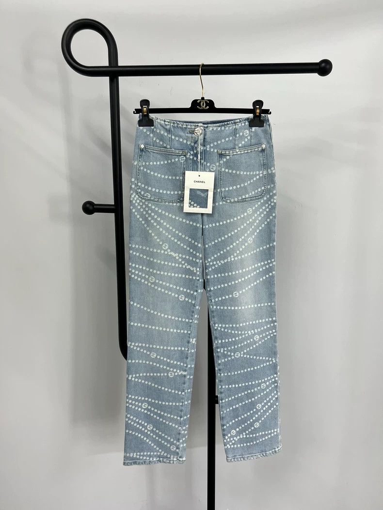 Chanel Chanel 25P light blue white polka dot straight jeans Size 24" / US 00 / IT 34 - 1 Thumbnail