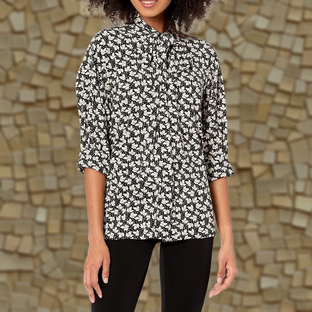 Norma Kamali Norma Kamali Blouse Puff Sleeve Scarf NWT M Black Ivory Leaves Stretch Jersey Polyester Spandex Women's Office Autumn Size M / US 6-8 / IT 42-44 - 1 Thumbnail