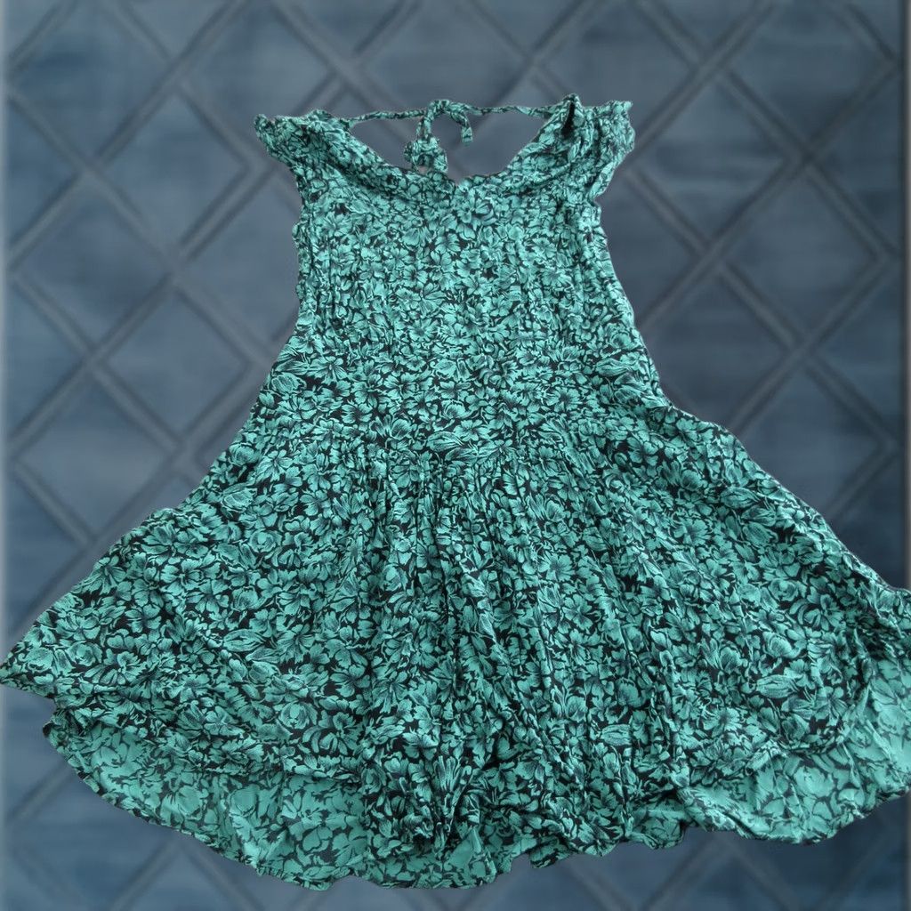 Vintage Kookai Dress Womens 40 Green Floral Smocked Fit Flare Short Ruffle Sundress Size 27" / US 4 / IT 40 - 1 Thumbnail