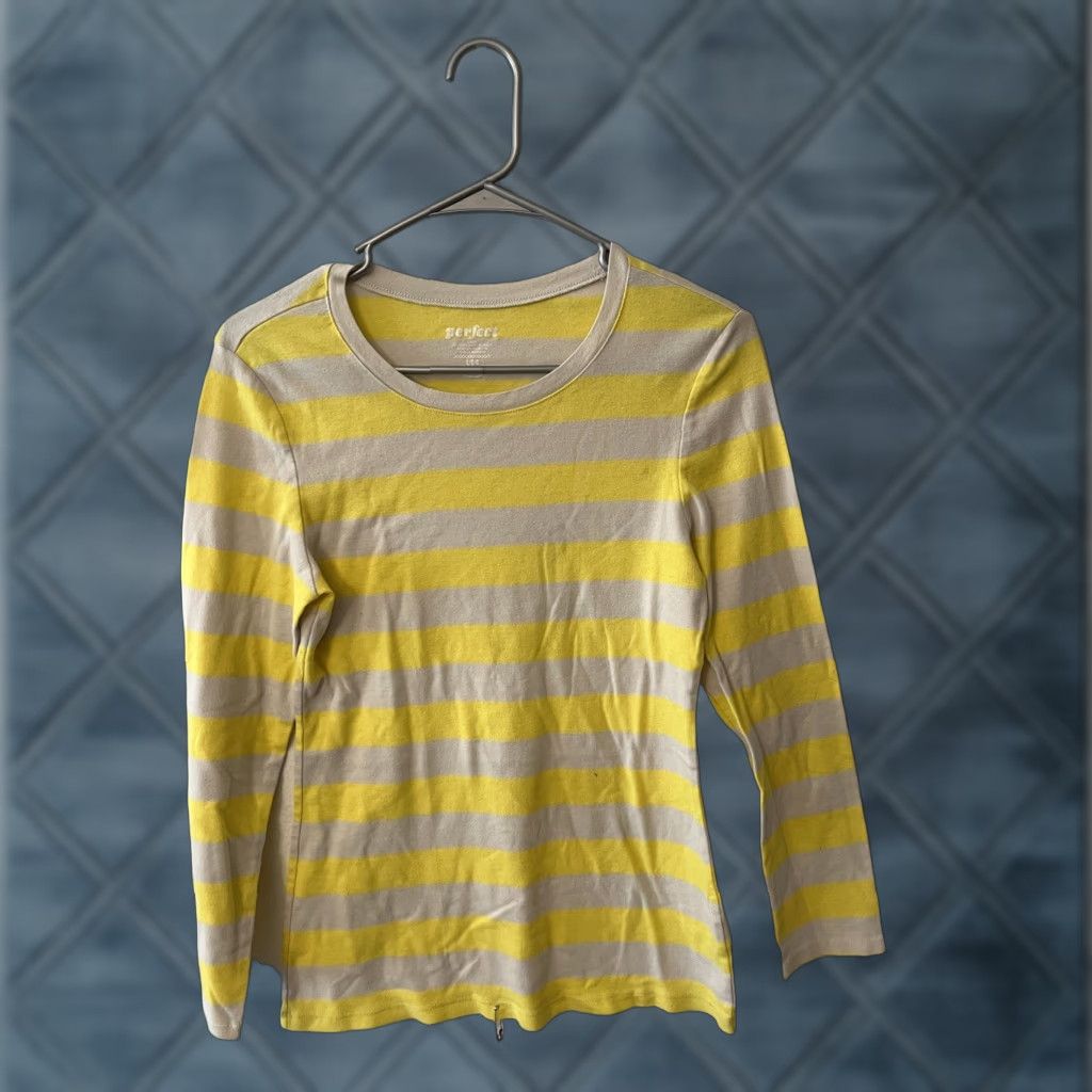 Old Navy Old Navy Women L Striped Long Sleeve T-Shirt - Cotton Top Yellow Gray Striped Size L / US 10 / IT 46 - 1 Thumbnail
