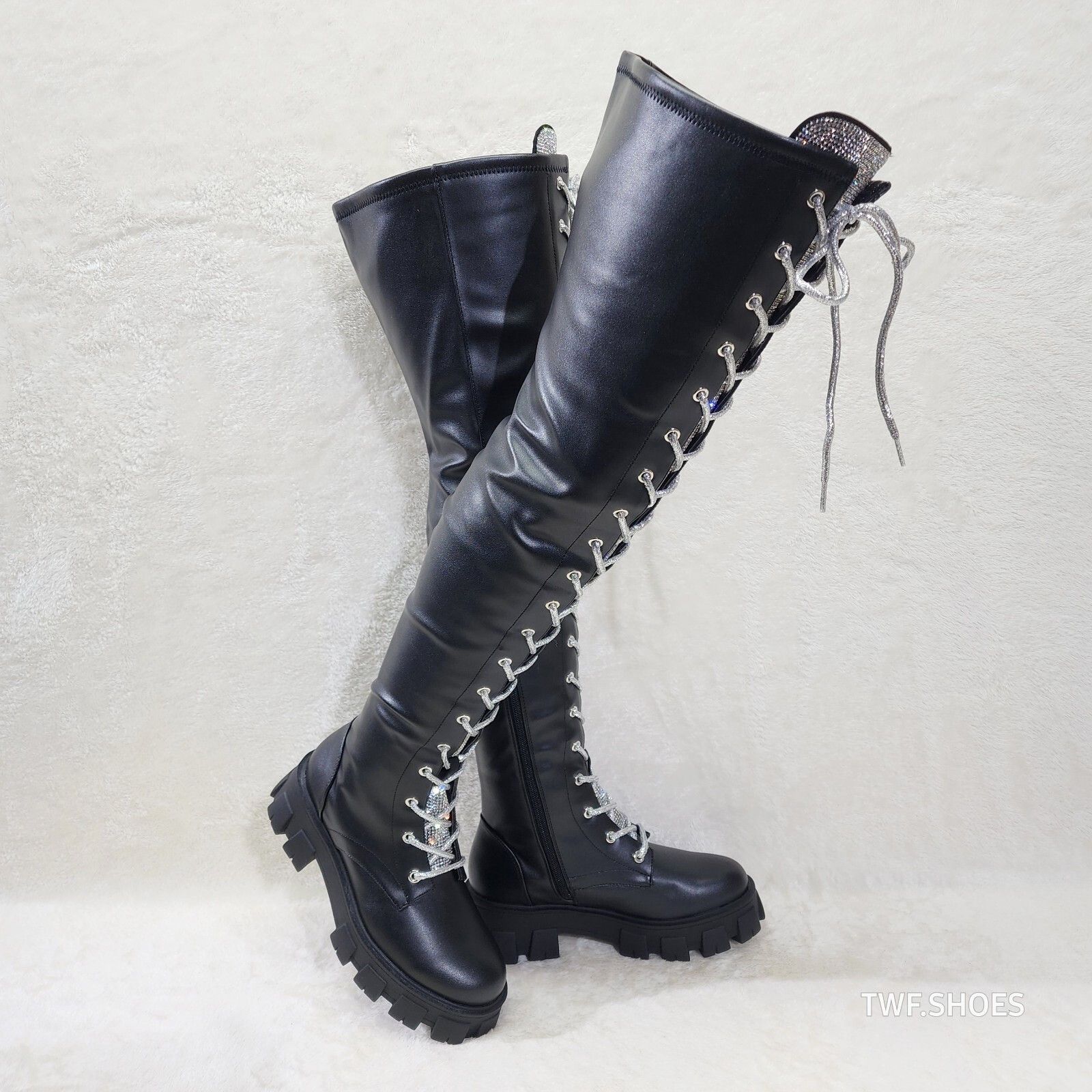 Other Roscoe Black Combat Thigh High Boots Iridescent Rhinestone T Size US 7 / IT 37 - 1 Thumbnail