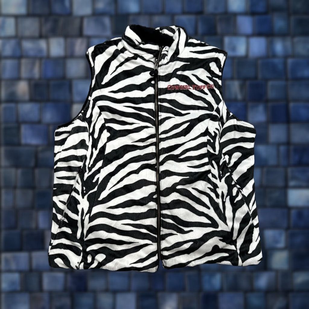 Vintage Cowgirl Tuff Western Vest Reversible Zebra Fleece Black Canvas Size Large Women Sleeveless Zip Pockets Logo Size L / US 10 / IT 46 - 1 Thumbnail