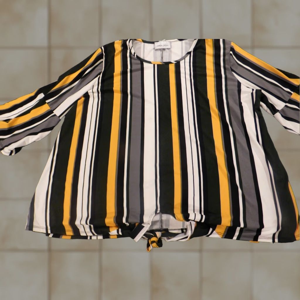 Vintage Caren Sport Blouse Women 3XL Striped Yellow Black Pullover Round Neck Long Sleeve Casual Stretch Ru胥fle Polyester Rayon Regular Womens Size XXL / US 16-18 / IT 52-54 - 1 Thumbnail