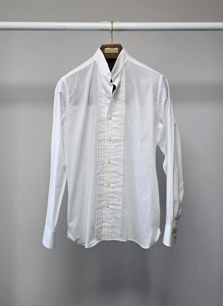 o1sm1stk0824 Slim Pot Pin Tuck Mandarin Collar Shirt White