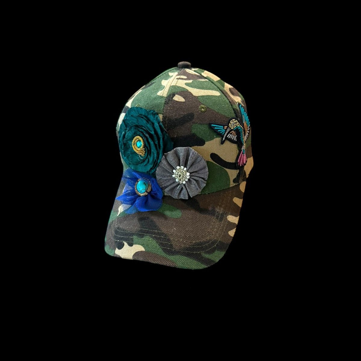 Other Custom/cap embellished with flowers and hummingbird. Size ONE SIZE - 8 Thumbnail