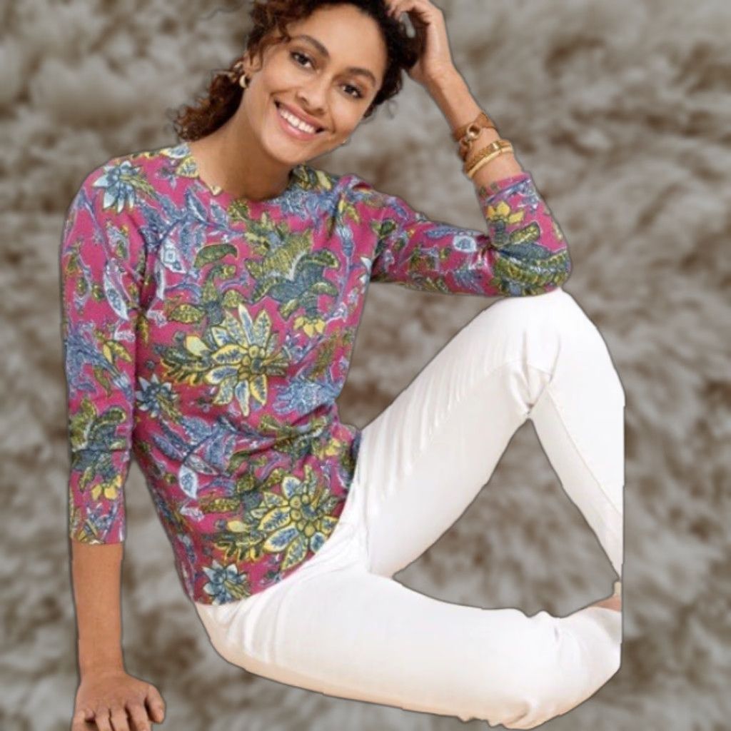 Talbots Women's 2X Pink Multi Lively Floral Crewneck Sweater Country Club Classy