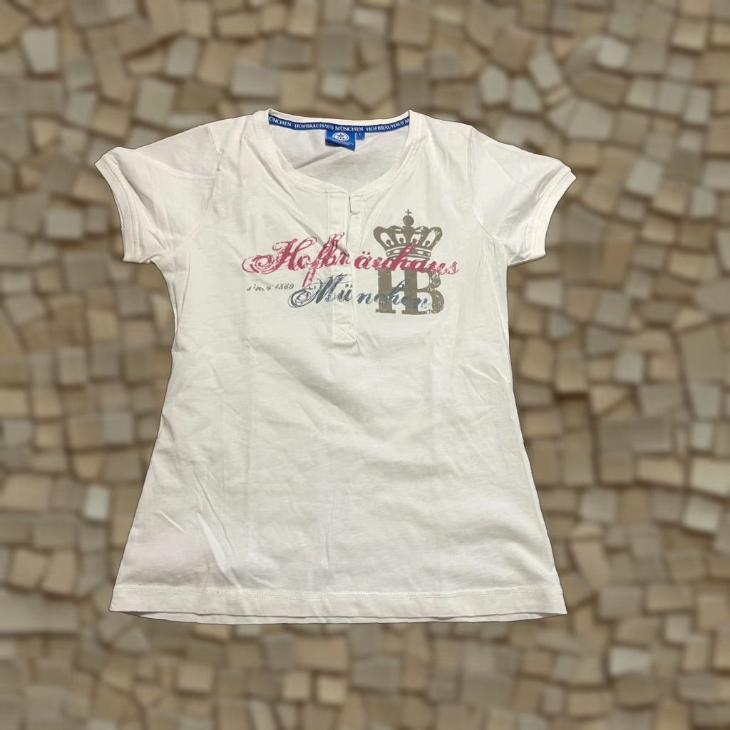 Vintage Hofbrauhaus Munchen Shirt Womens Large White V-Neck Short Sleeve T-Shirt Casual Basic NY Size L / US 10 / IT 46 - 1 Thumbnail