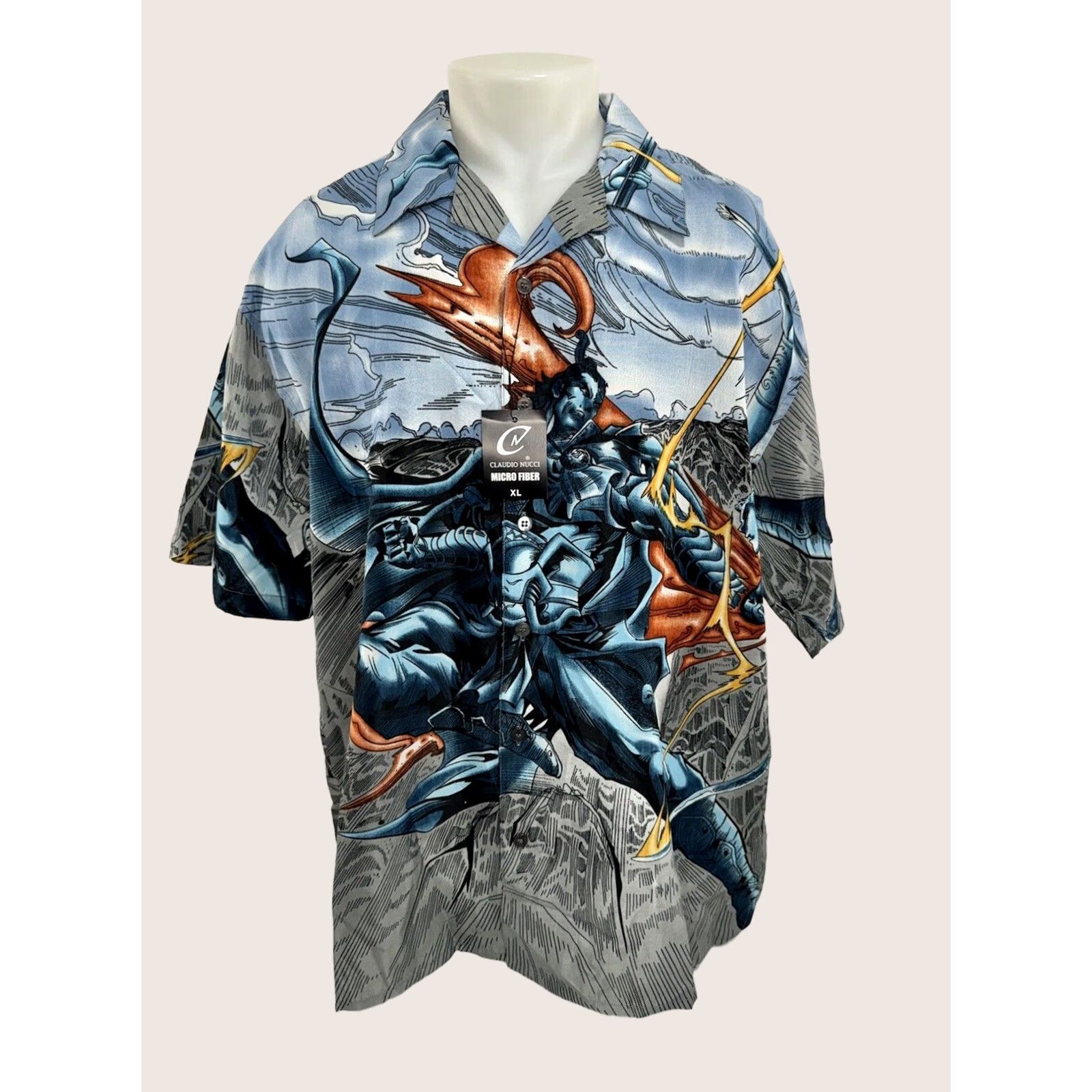 Vintage CLAUDIO NUCCI XL Shirt - New w Tags - Japanese Samurai Anime Button-Up, Short Sleeve, Blue, Men Interactive XL, Anime Theme, Mens Shirt Size US XL / EU 56 / 4 - 1 Thumbnail