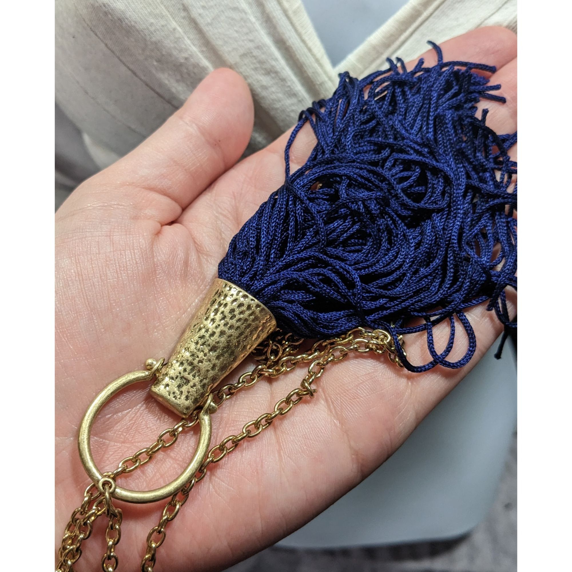 Other Hammered Gold Tone Tassel Pendant Necklace With Blue Tassel Size ONE SIZE - 6 Thumbnail