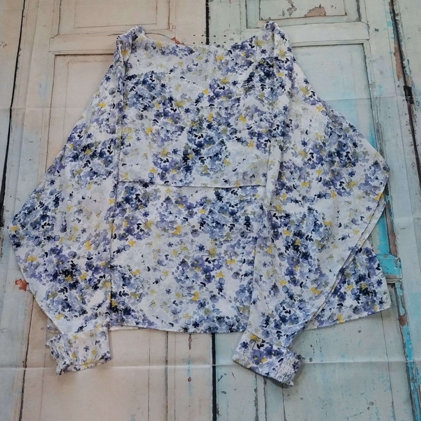 DKNY DKNY Blue Yellow White Floral Flowy Long Sleeve Blouse Size XL / US 12-14 / IT 48-50 - 7 Thumbnail