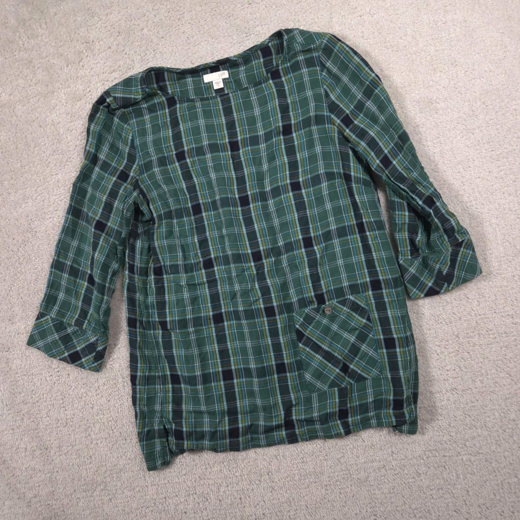 J. Jill VINTAGE J Jill Blouse Womens XS Green Plaid Scoop Neck 3/4 Sleeve Pocket Tunic Top Size XS / US 0-2 / IT 36-38 - 2 Thumbnail