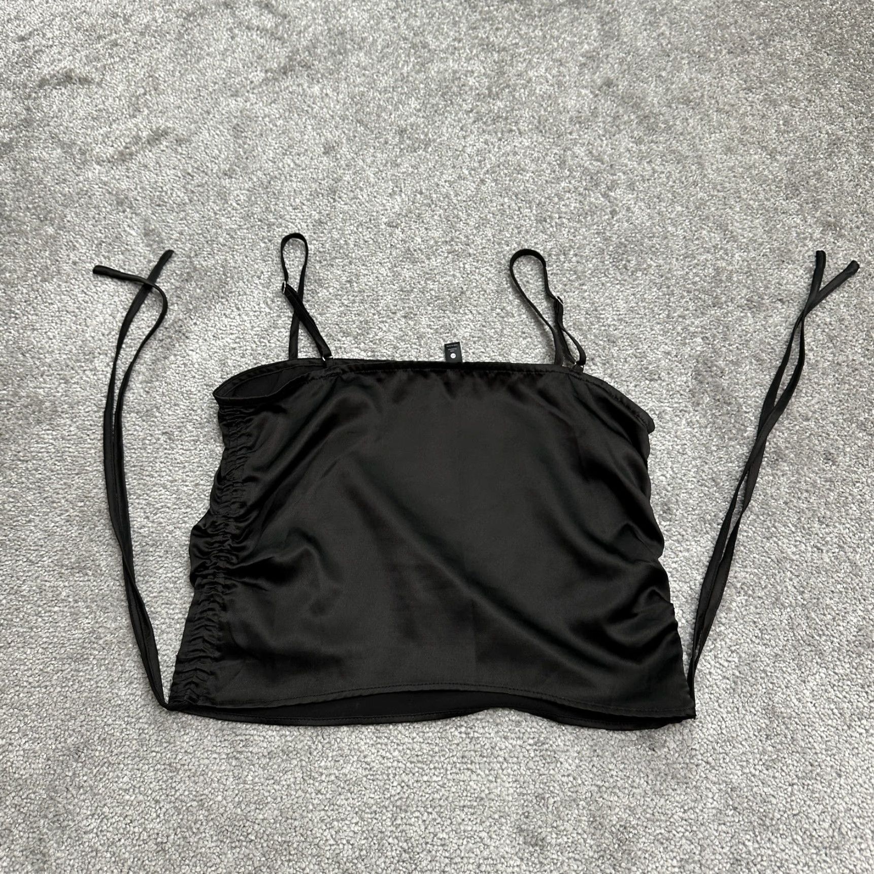AQUA Aqua Shirt Womens XS Black Cropped Tank Satin Ruched Spaghetti Strap Cropped Top Casual Vintage No Size XS / US 0-2 / IT 36-38 - 2 Thumbnail