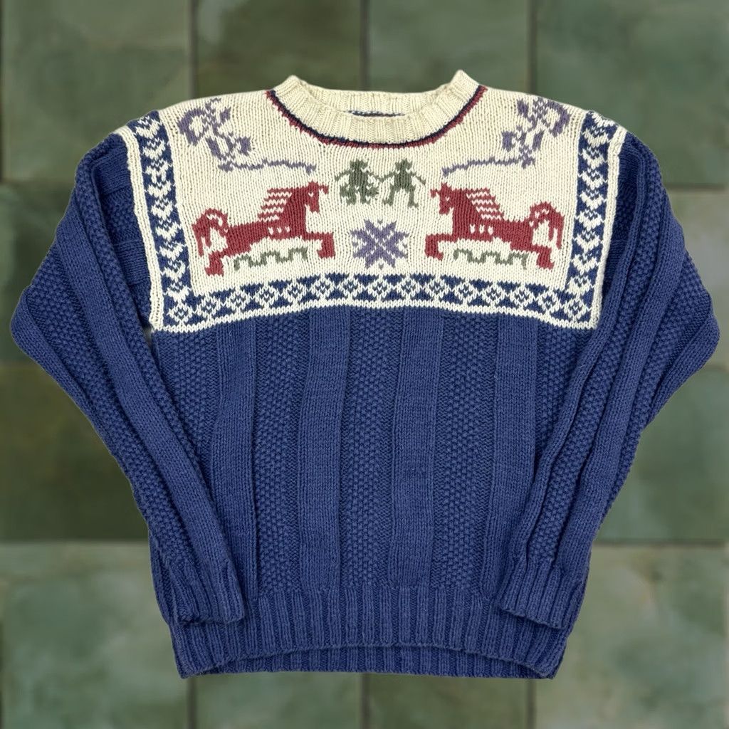 Vintage VINTAGE L.L. Bean Sweater Womens Large Equestrian Winter 90s American Knit Blue Crew Neck Pullover Long Sleeve Ramie Cotton Solid Size L / US 10 / IT 46 - 1 Thumbnail