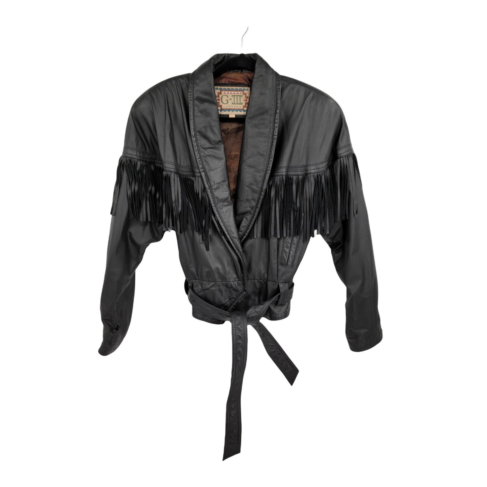 Vintage Vtg 80s G-III Black Fringed Leather Belted Bomber Jacket Sz Size L / US 10 / IT 46 - 1 Thumbnail