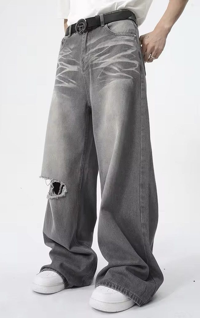 Jean Baggy Jeans Wash Denim Faded Distressed Loose Fit Skate Size US 28 / EU 44 - 2 Thumbnail