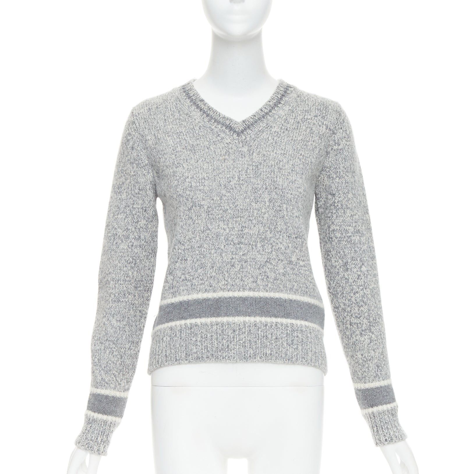 CHRISTIAN DIOR 100% cashmere light grey wool striped logo sweater FR34 XS