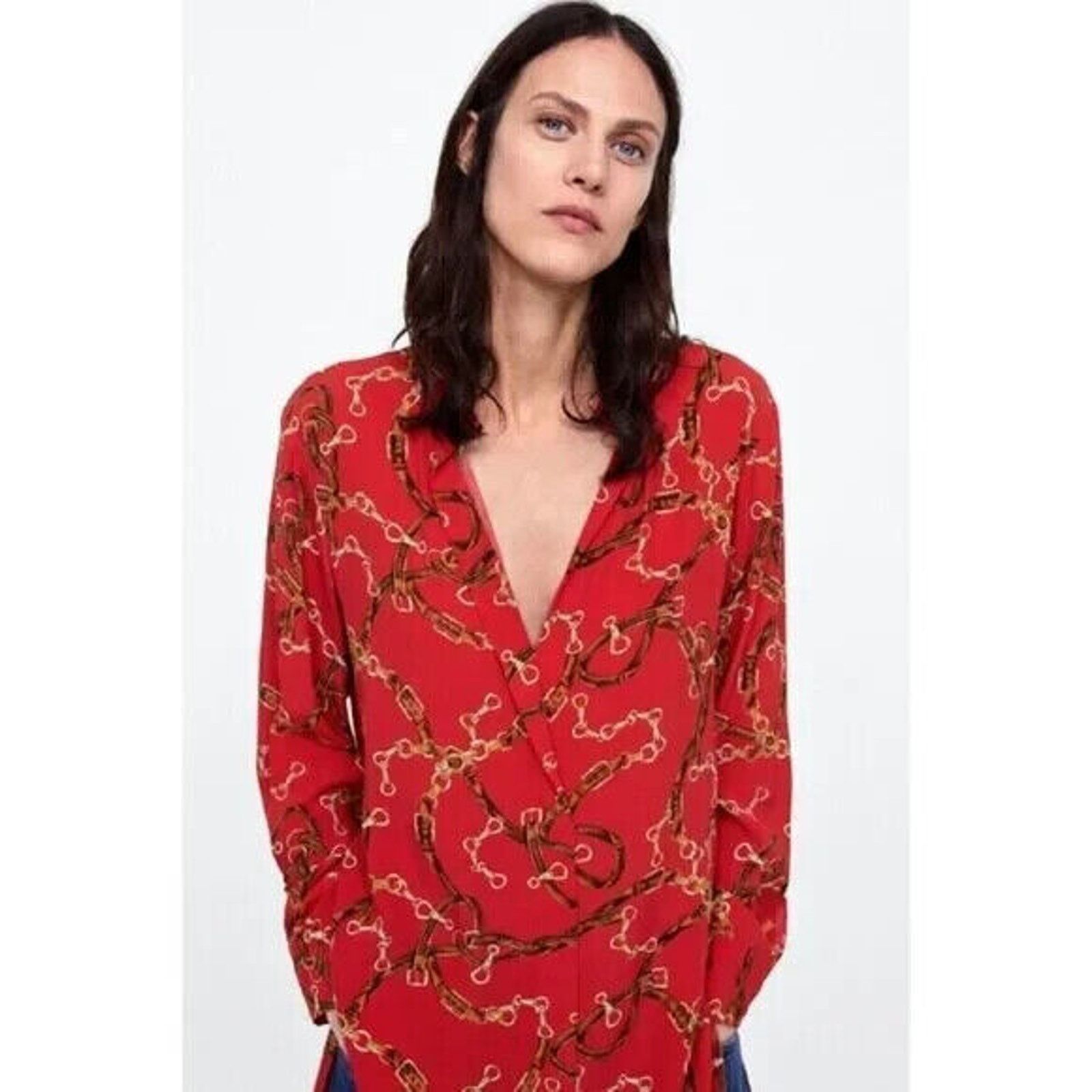 Zara ZARA BASICS EQUESTRIAN PRINT LONG SLEEVE TUNIC SHIRT DRESS L Size L / US 10 / IT 46 - 2 Thumbnail