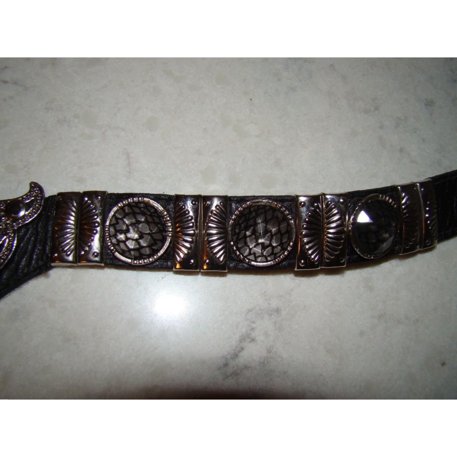 Vintage VINTAGE LEATHEROCK Belt 80s Leather Womens Medium 30-32 Black Snakeskin Gems Bling Adjustable Silvertone Buckle Womens Fashion Size ONE SIZE - 5 Thumbnail