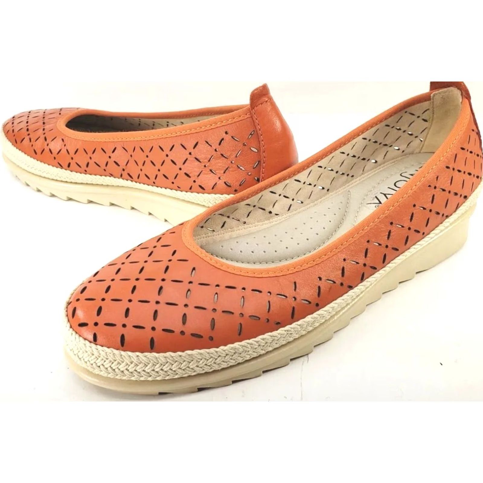 Enjoi VINTAGE? No. ENJOIYA Orange Perforated Leather Espidrille Flats Womens 36EU 5-5.5 Casual Comfort Slip On Size US 5.5 / IT 35.5 - 2 Thumbnail