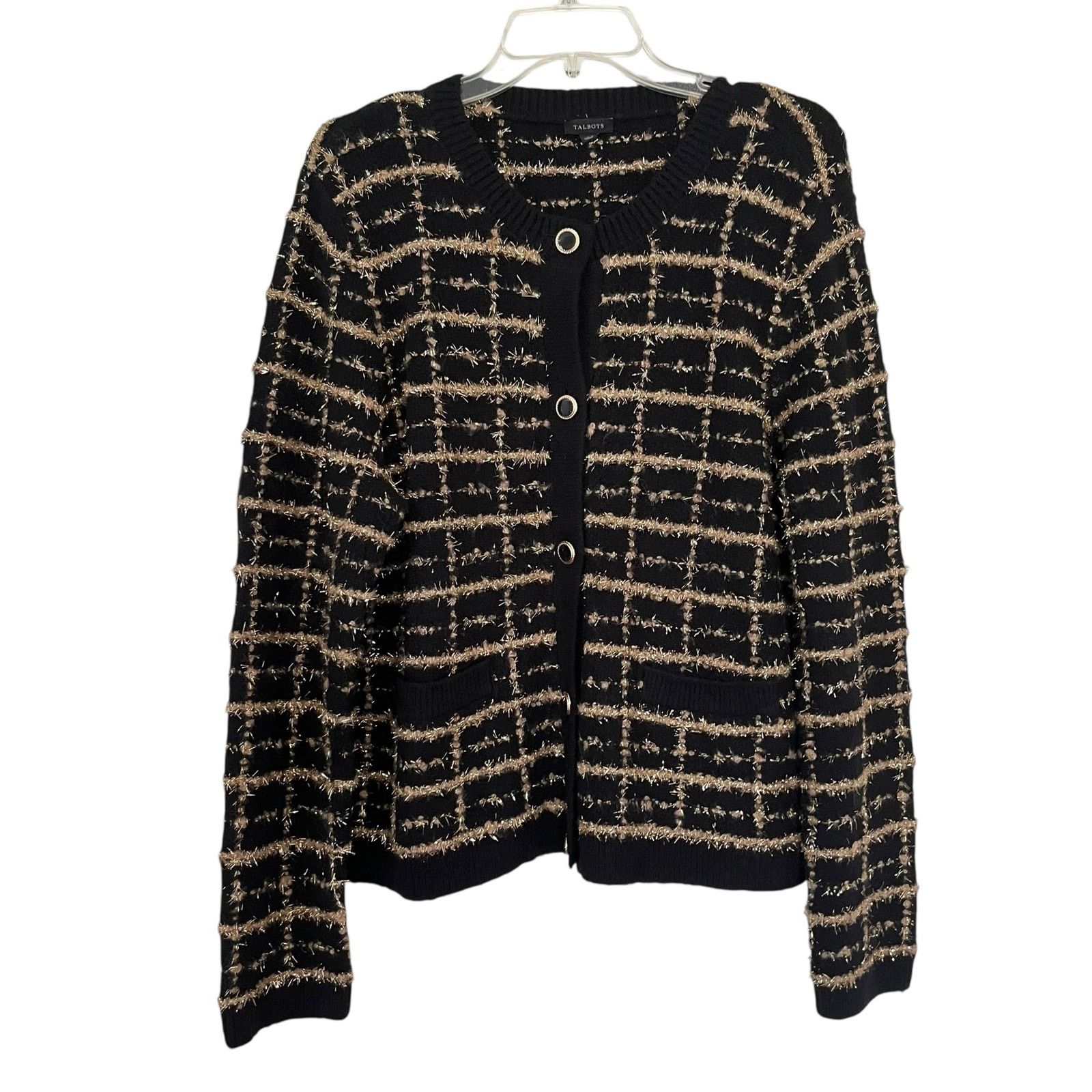 Other Talbots Bouclé Plaid Cardigan Black & Gold Sweater Jacket Size L / US 10 / IT 46 - 3 Thumbnail