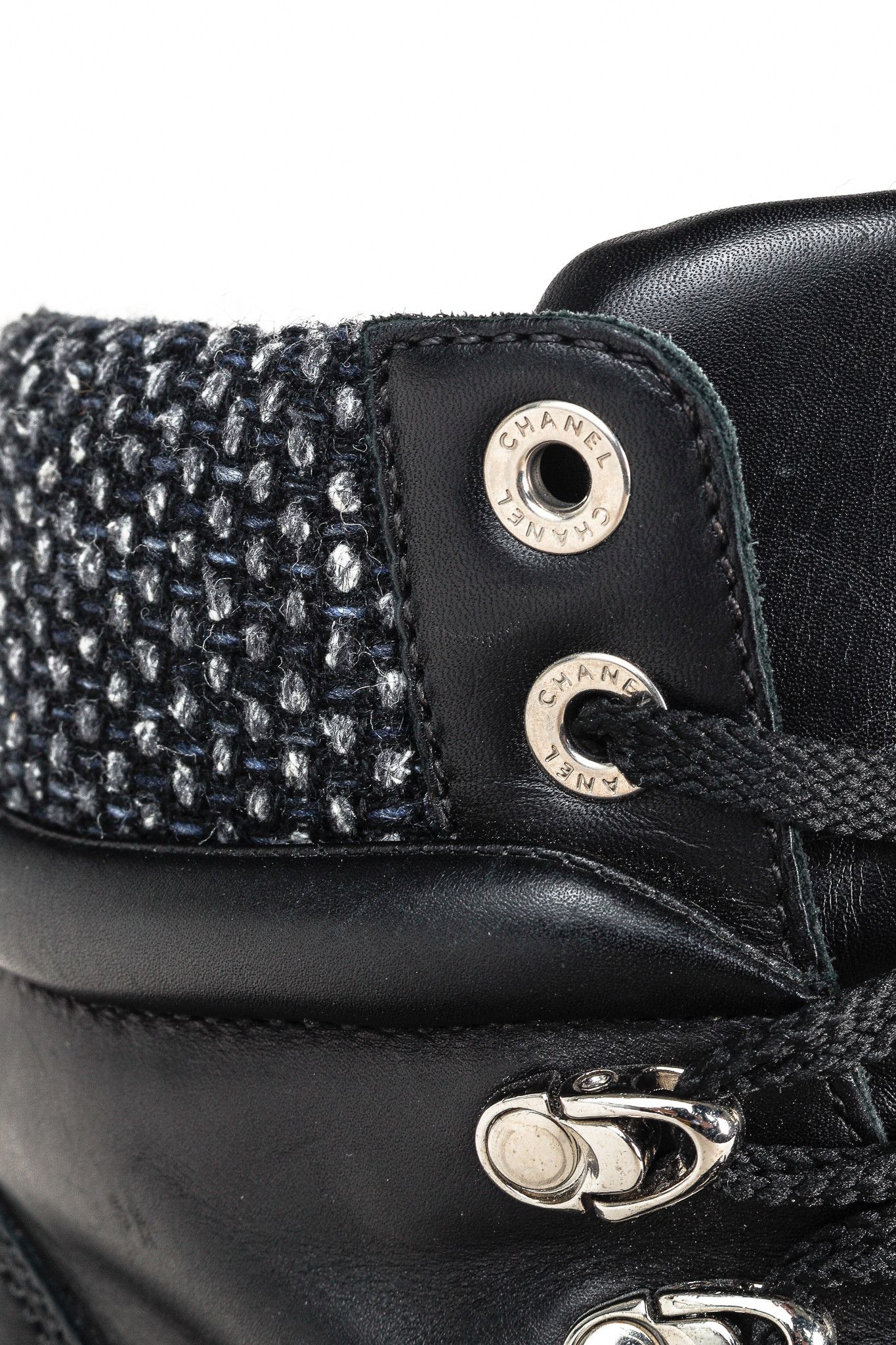 Chanel Chanel 15A Black Leather Tweed-Trim Lace-Up Short Boots Size US 6 / IT 36 - 8 Thumbnail