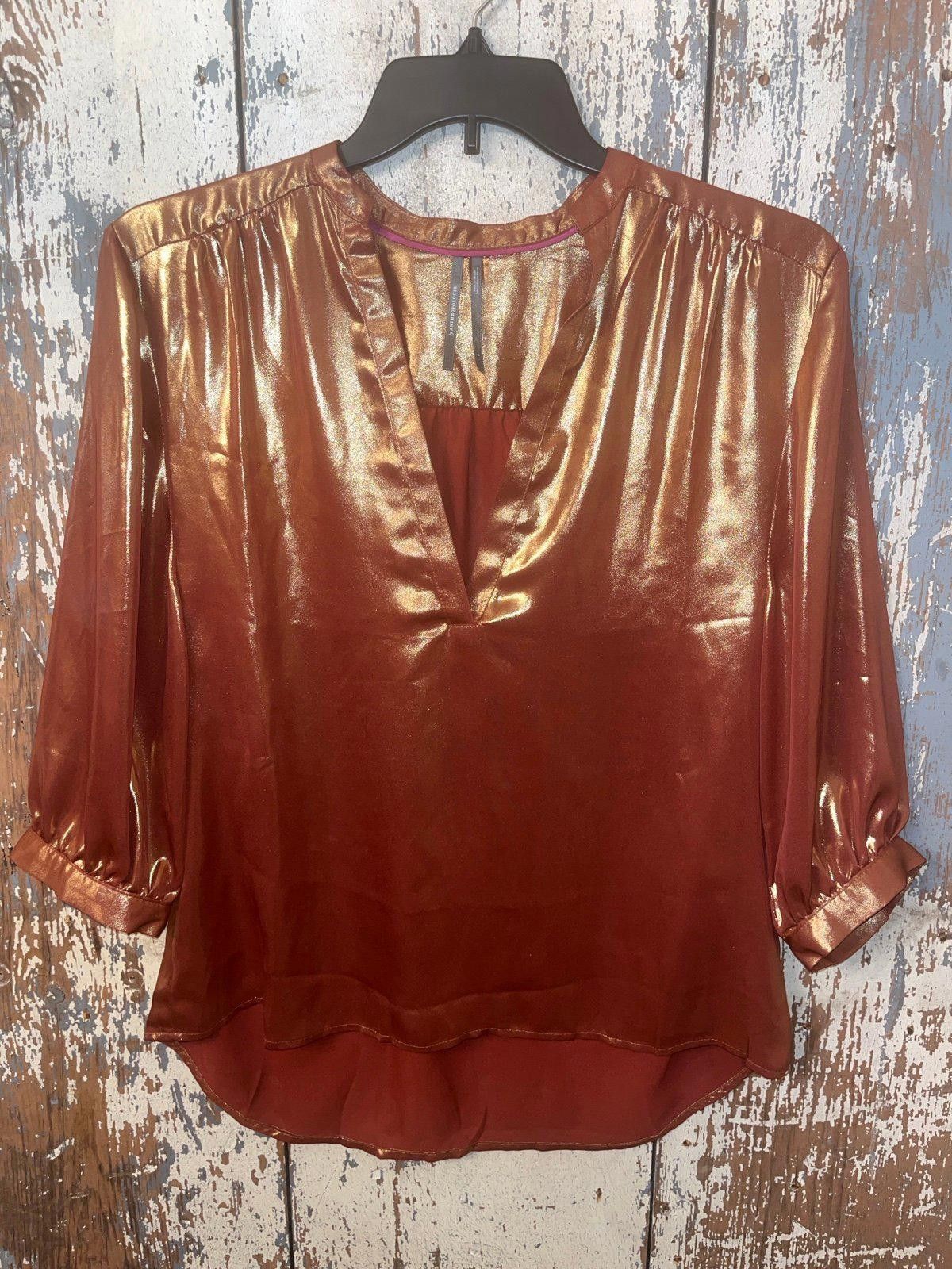 Designer by Anthropologie Metallic Foil Blouse, Bronze, size Small Size S / US 4 / IT 40 - 4 Thumbnail