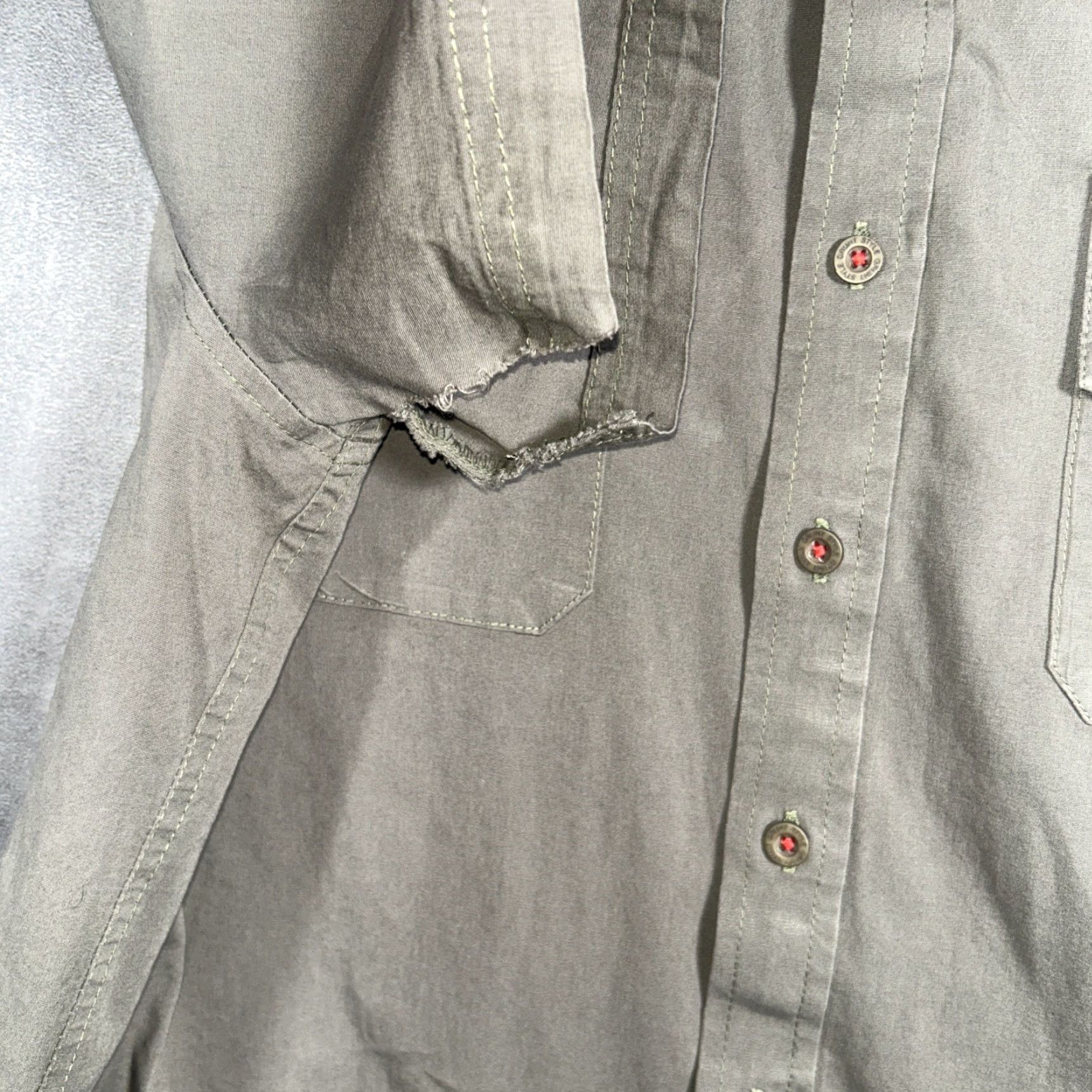 Olive VINTAGE Grunt Style Button-Down Shirt Short Sleeve Mens XL Olive Green Rippped Sleeves Size US XL / EU 56 / 4 - 6 Thumbnail
