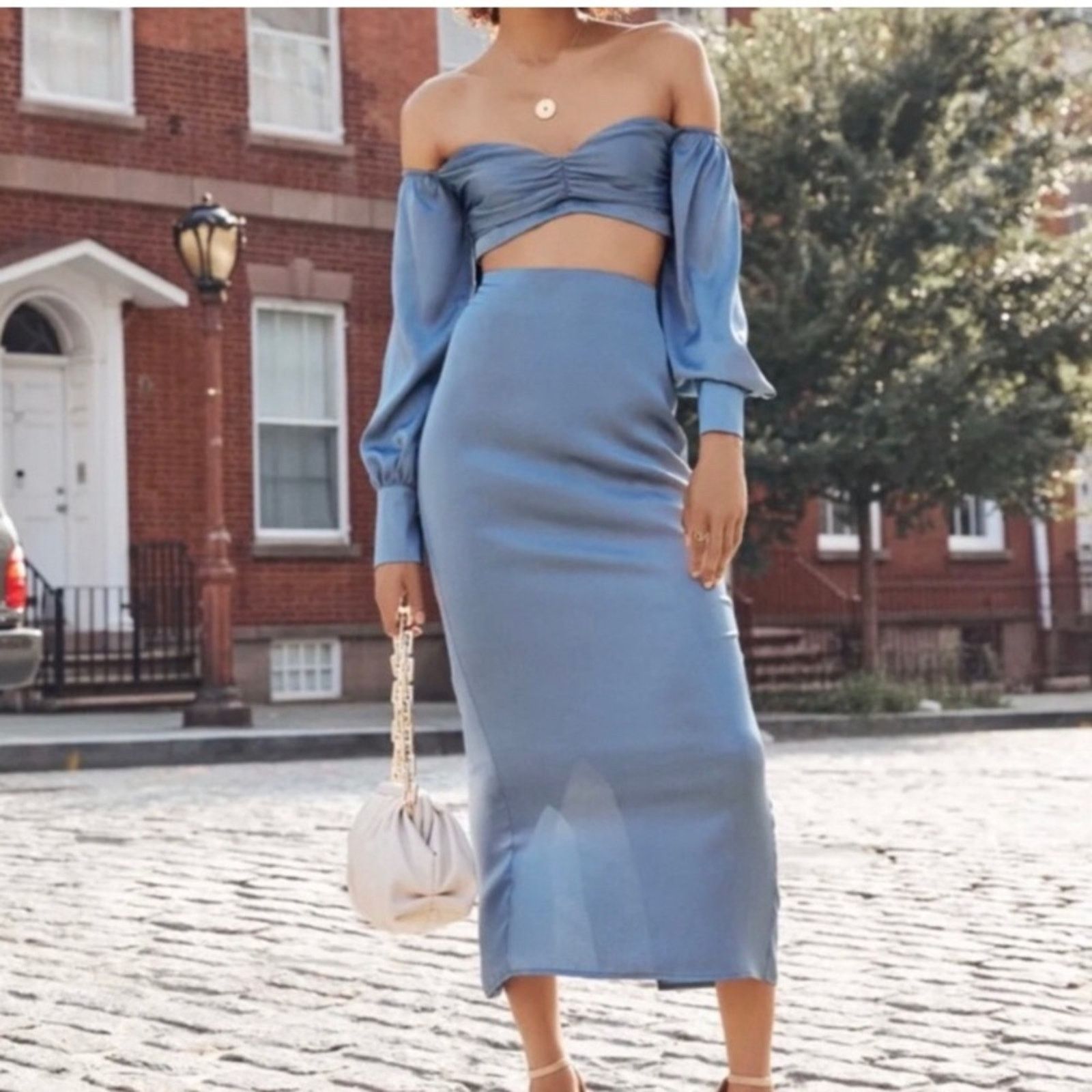 Victorinox NWT! Vici • Ice Blue Satin Skirt Set • Size Small Size S / US 4 / IT 40 - 1 Thumbnail
