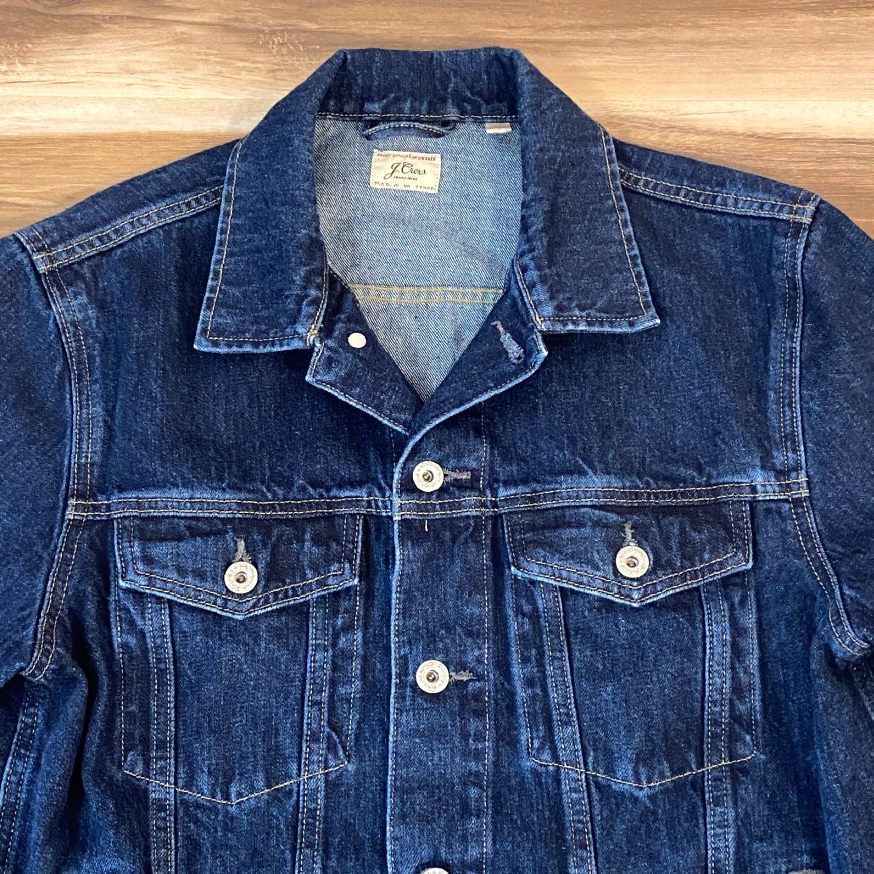 Denime J Crew Jacket Denim Trucker Mens Dark Wash Button-Down Short Length Blue Regular Size S | Casual Size US 29 - 2 Thumbnail