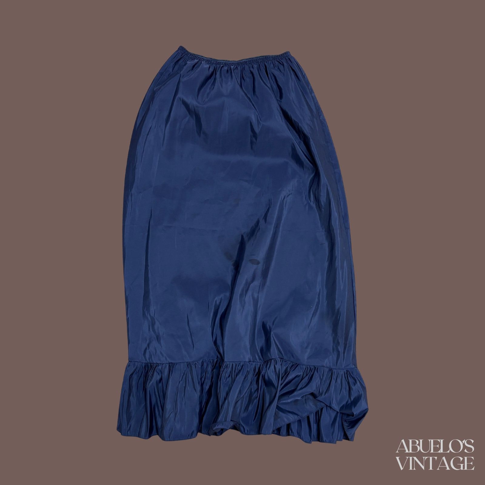 Vintage VTG Opera Ruffle Hem Skirt | Blue Satin | 70s Size 28" / US 6 / IT 42 - 1 Thumbnail