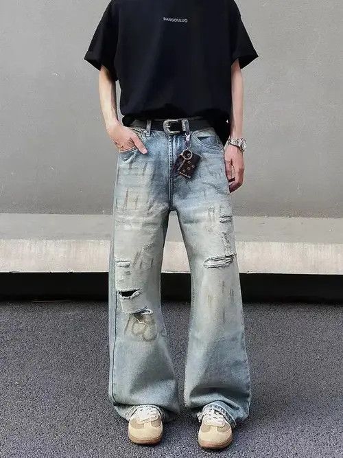 Jean Vintage dirty-dyed graffiti ripped baggy jeans Size US 34 / EU 50 - 1 Thumbnail