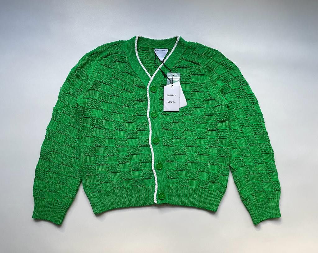 image of Bottega Veneta ‘3D Weave Intressario’ Knit Check Cardigan in Green, Men's (Size Large)