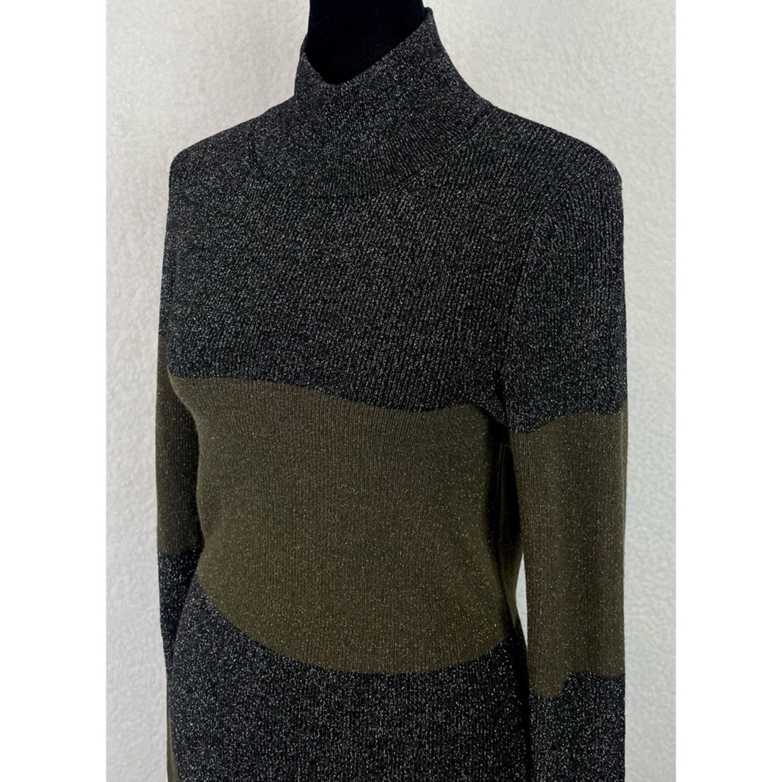 A.L.C. A.L.C. • Green/Black Striped Metallic Long Sleeve Mini Dress Size L / US 10 / IT 46 - 7 Thumbnail