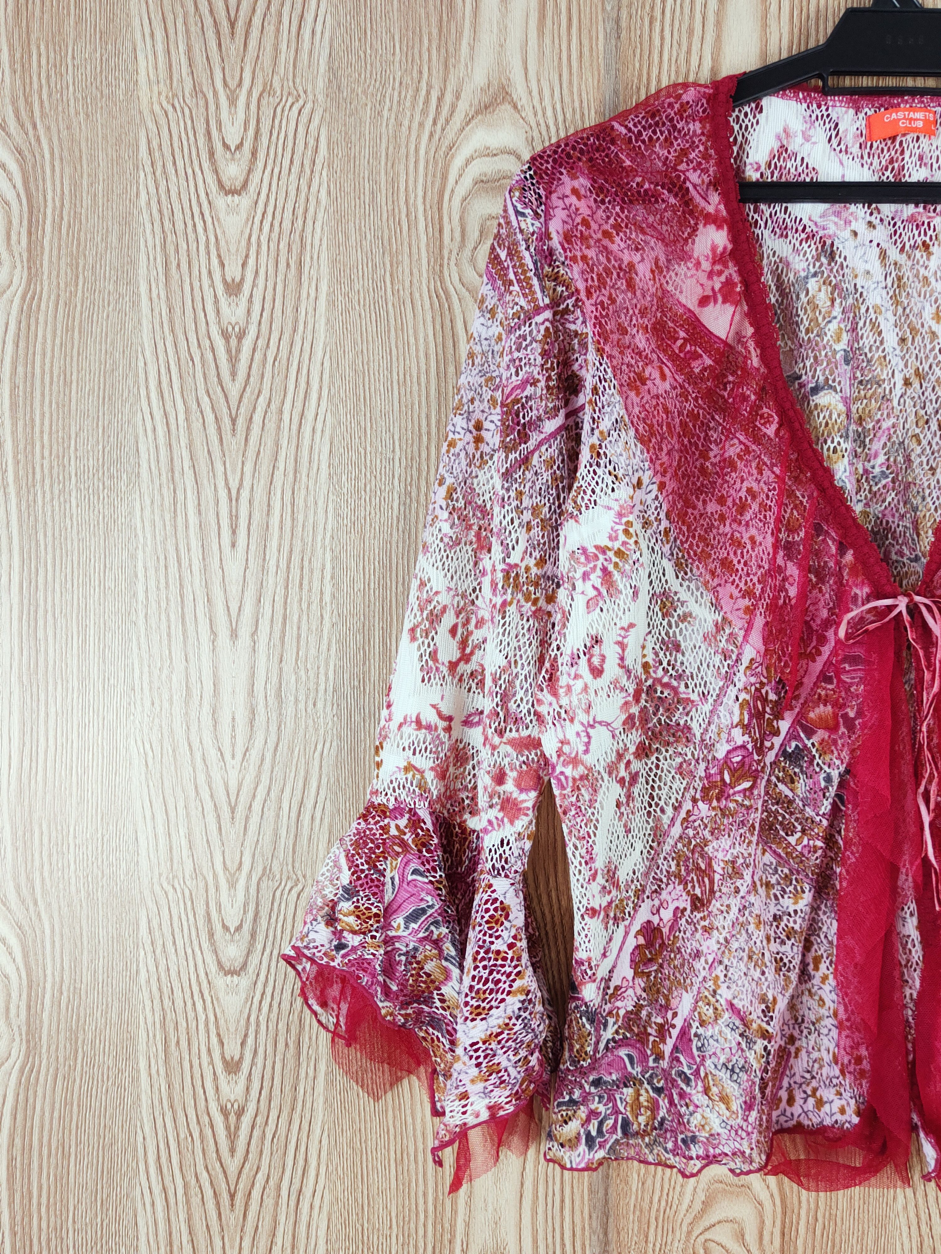 Japanese Brand × Vintage Castanets Club Red Crochet Mesh Net Cardigan Size L / US 10 / IT 46 - 3 Thumbnail