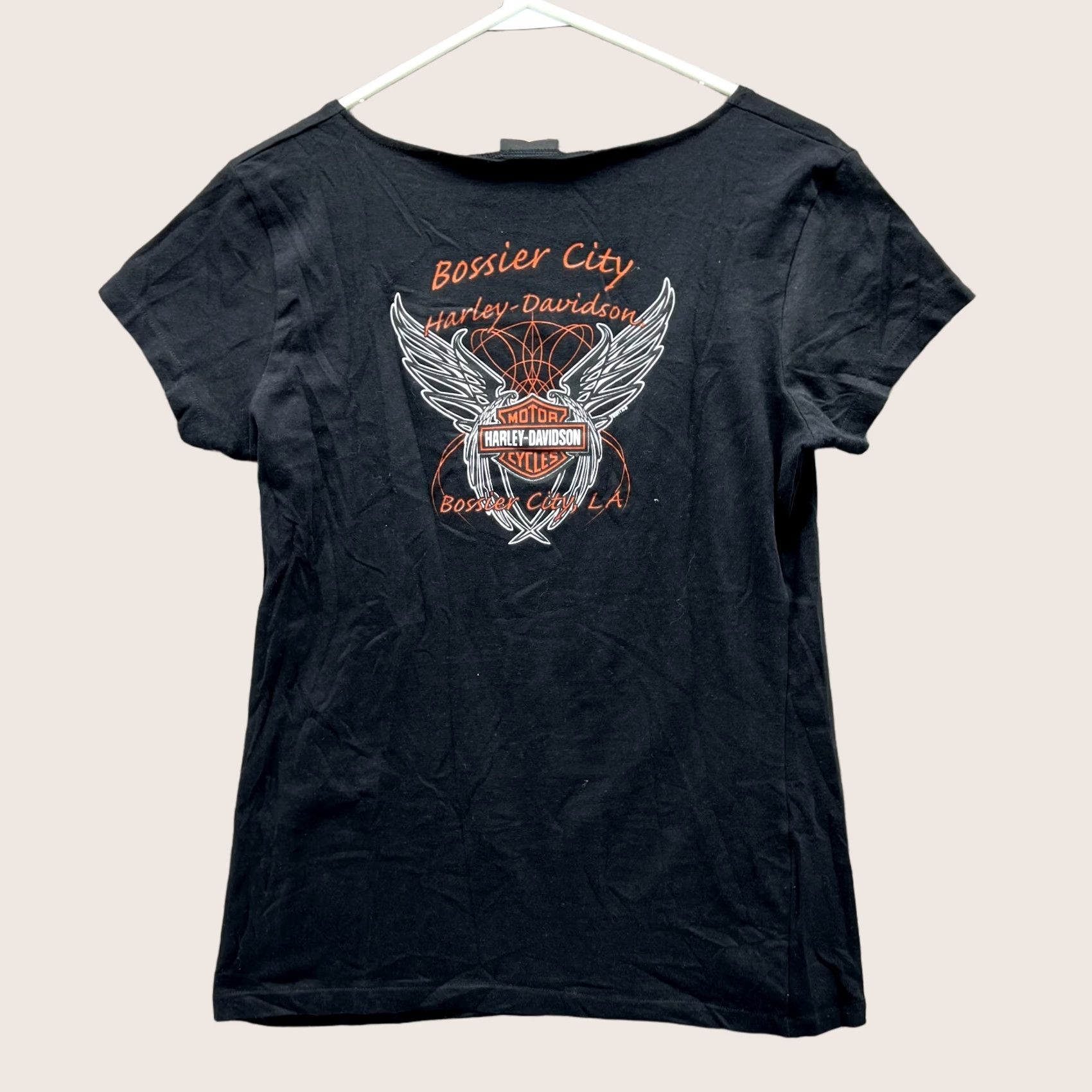 Harley Davidson VINTAGE Harley-Davidson Shirt Womens Large Black Cutout Wings Graphic Tee USA Y2K Size L / US 10 / IT 46 - 1 Thumbnail
