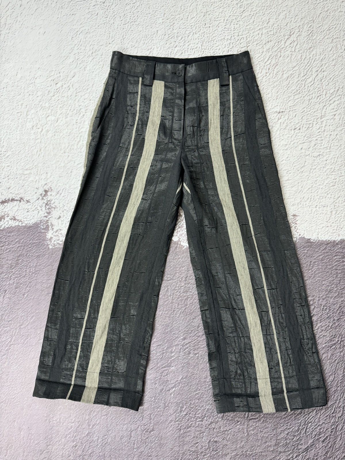 image of Annette Gortz Wide Flared Trousers Black Beige Linen Pants, Women's (Size 28)
