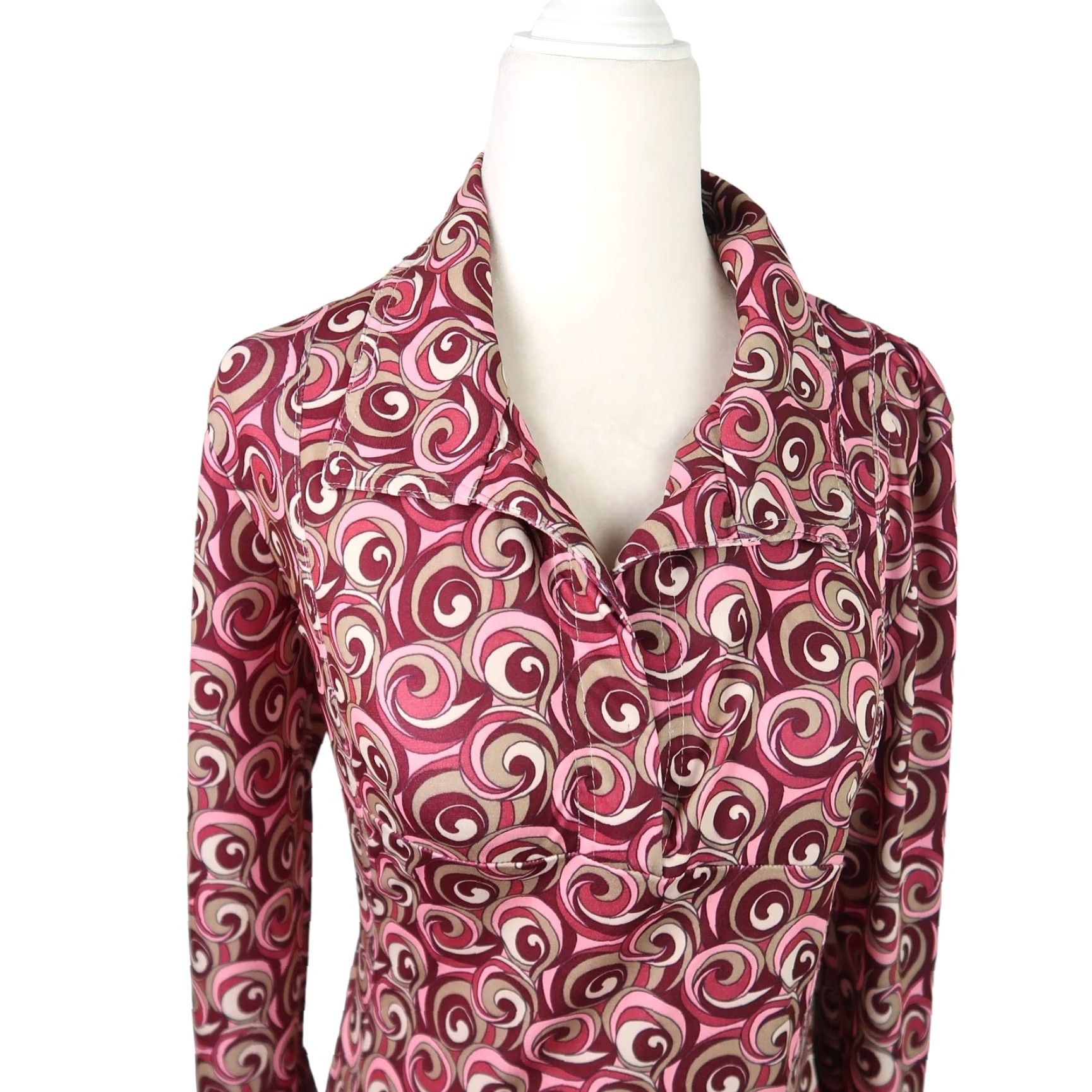 Vintage VINTAGE Ruby Shirt Dress M Midi Women 90s Pink Tan Geometric Swirl Print Collared Long Sleeve Workwear Party/Cocktail Fall Spring Womens Size M / US 6-8 / IT 42-44 - 2 Thumbnail