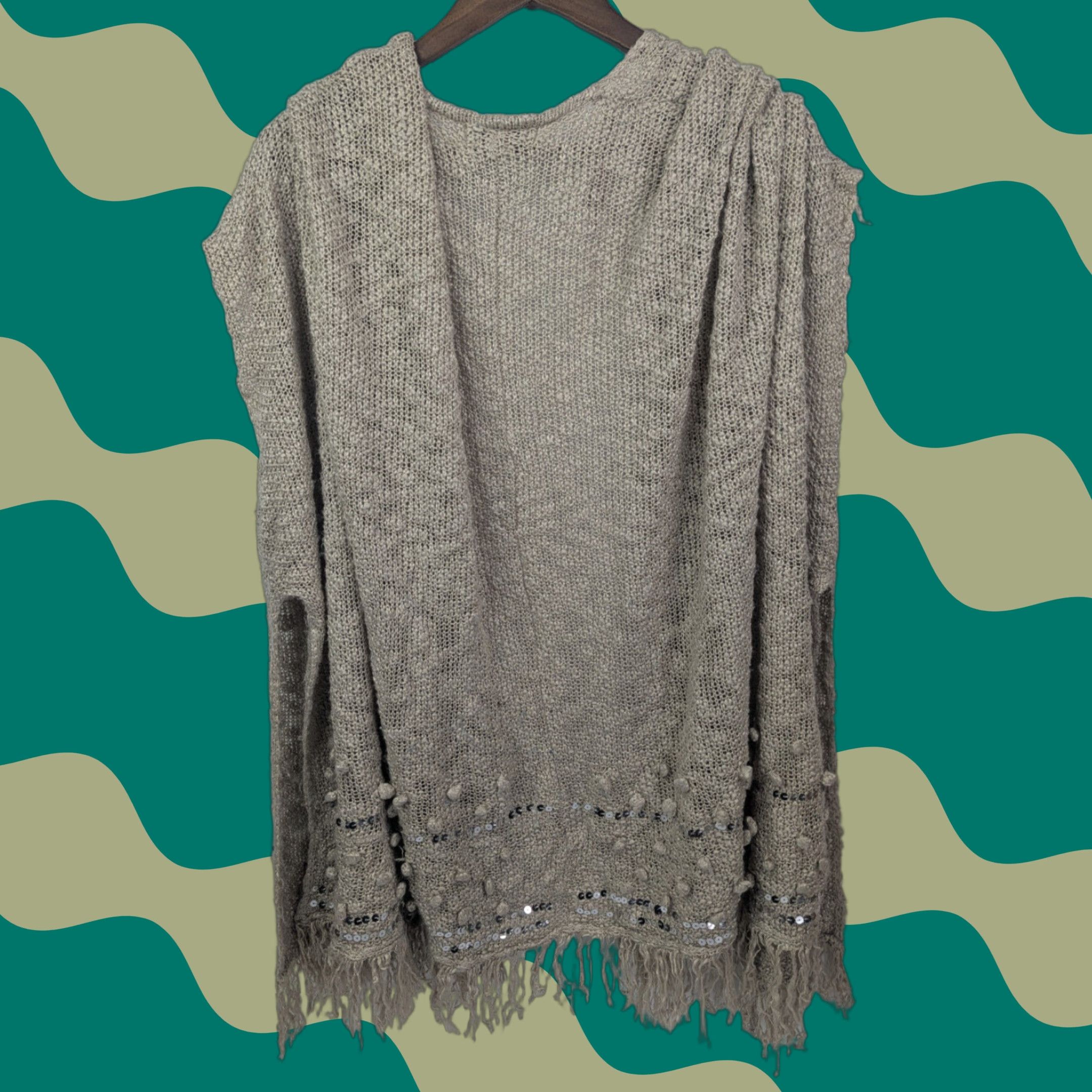 Vintage Knox Rose Bohemian Cardigan Open Sequin Fringe Drape Sweater Beige XL Womens Size XL / US 12-14 / IT 48-50 - 1 Thumbnail