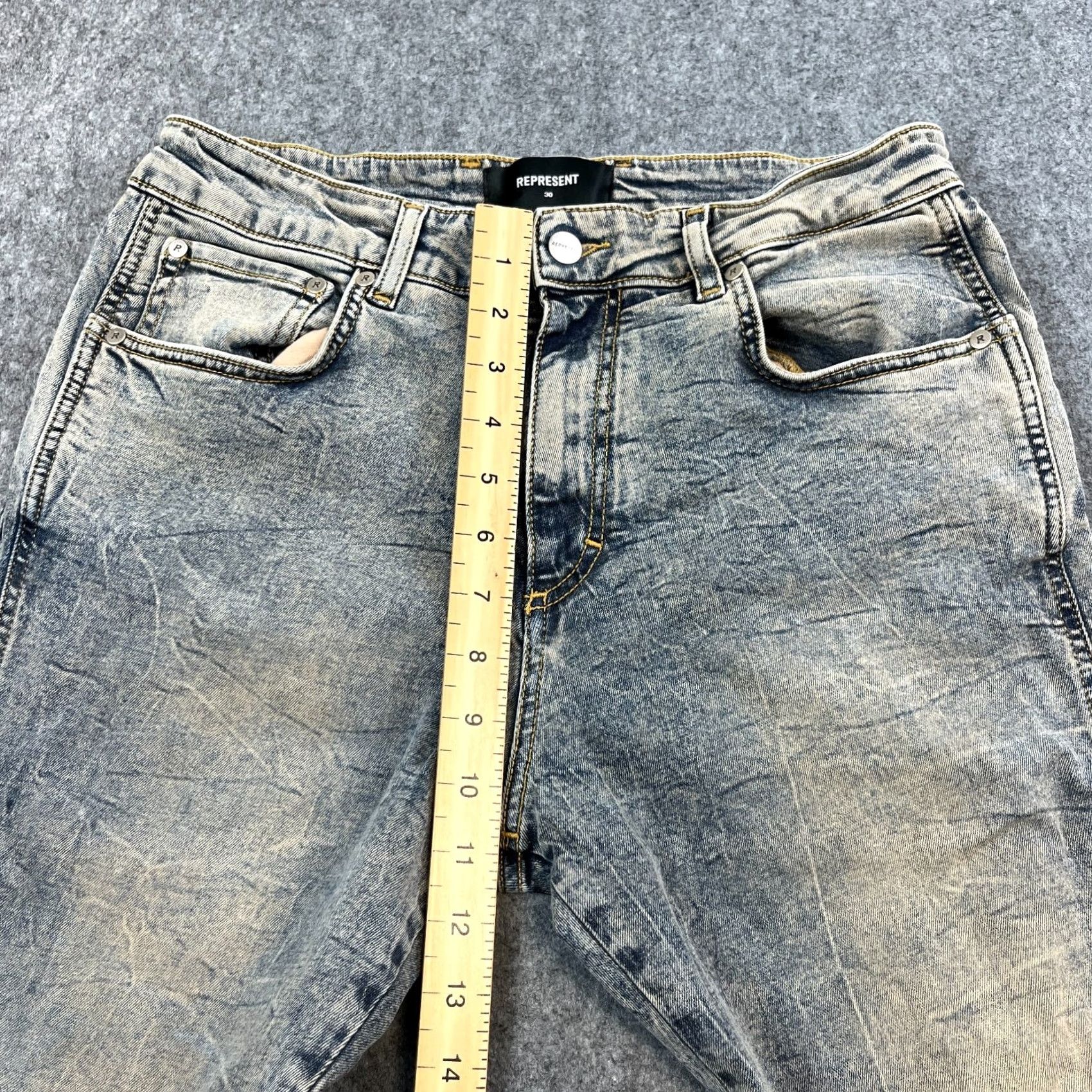 Vintage Represent Mens Jeans Regular Straight 30 32 Acid Wash Blue Crows Feet Stretch Denim 5-Pocket Mens Jeans Regular Blue 90s? Size US 30 / EU 46 - 5 Thumbnail