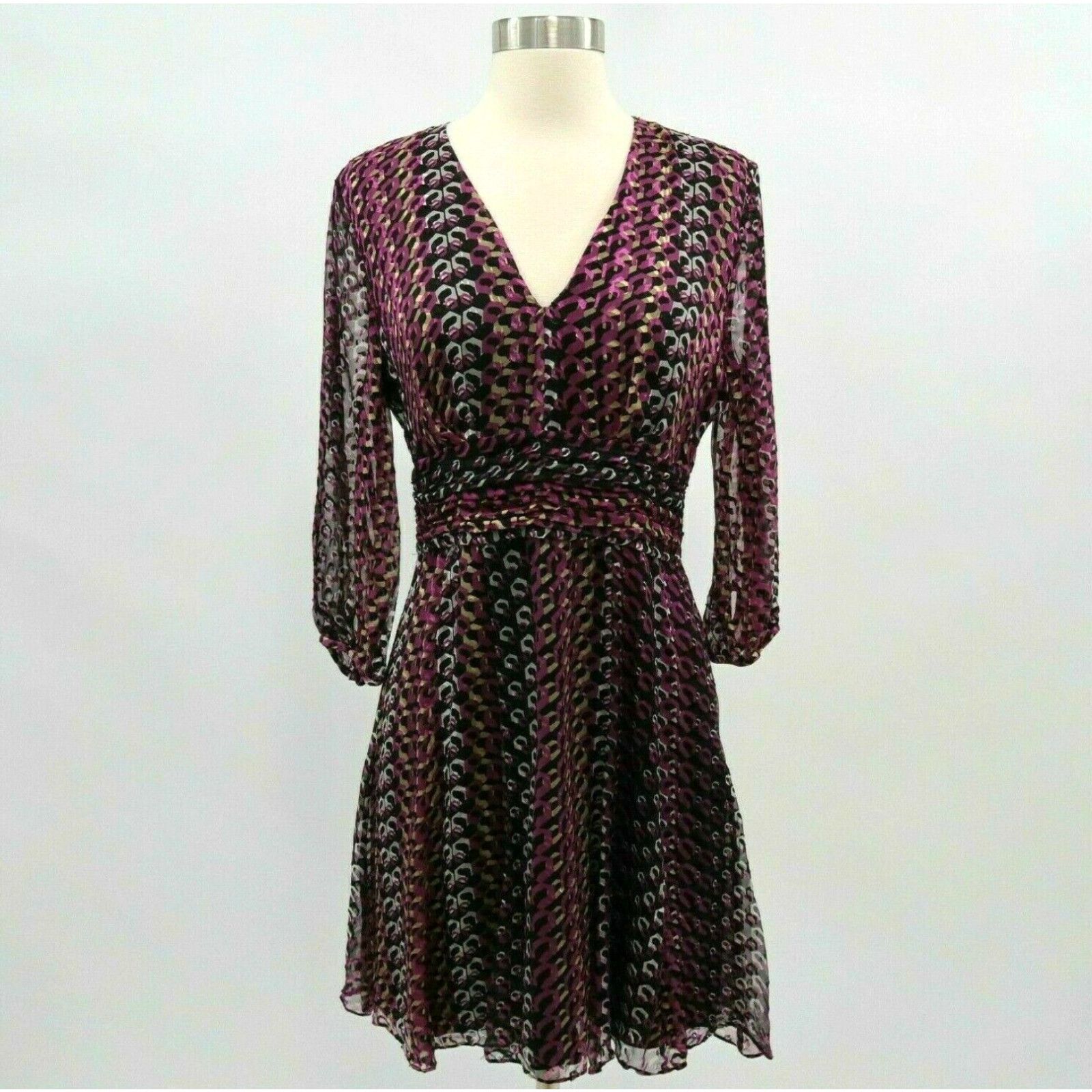 image of Dvf Diane Von Furstenberg A-Line Dress Womens Size 8 Silk Blend Purple Leo V-Neck in White