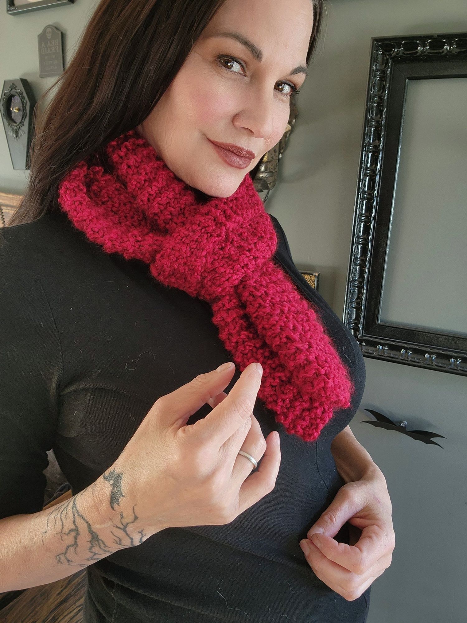 Handmade Knit Scarf, Chunky Red Boucle Yarn, "Crimson" OOAK One Of A Size ONE SIZE - 4 Thumbnail