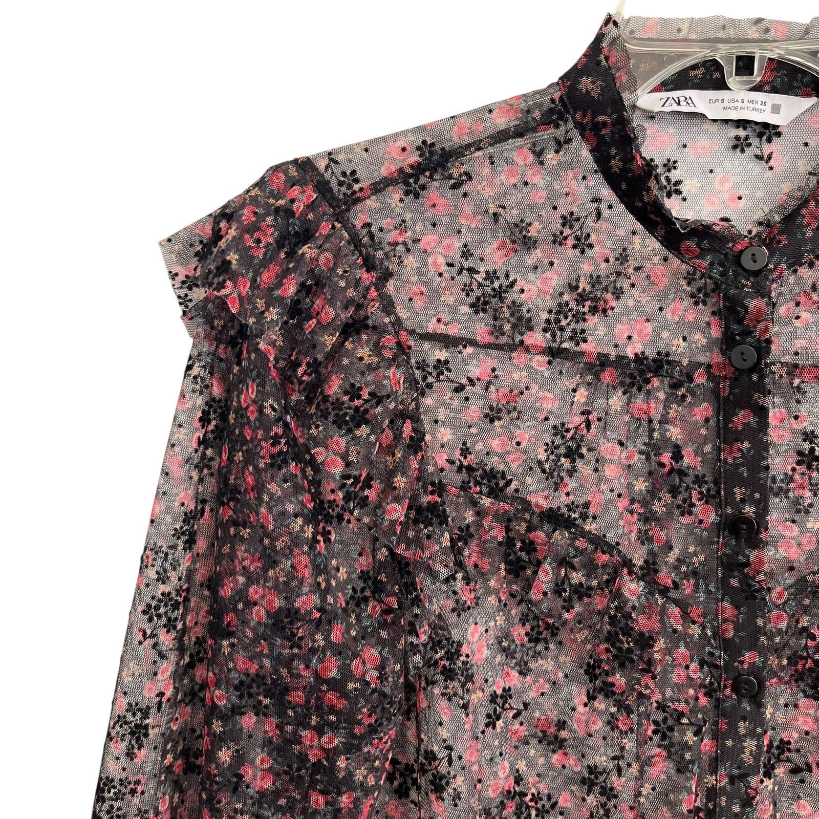 Zara ZARA Black Floral Sheer Ruffle Trim Blouse Size Small Size S / US 4 / IT 40 - 3 Thumbnail