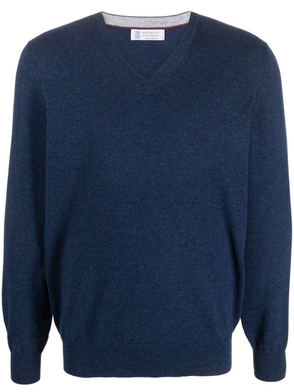 Brunello Cucinelli o1w1db10425 Cashmere V-Neck Knitted Jumper in Blue Size US S / EU 44-46 / 1 - 1 Thumbnail